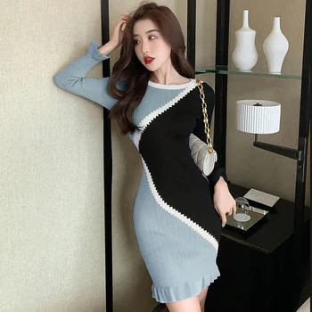 2023 Осенне-зимнее Корейское контрастное трикотажное платье для женщин, облегающий свитер с оборками, платья-футляры, Элегантное Женское платье с длинным рукавом