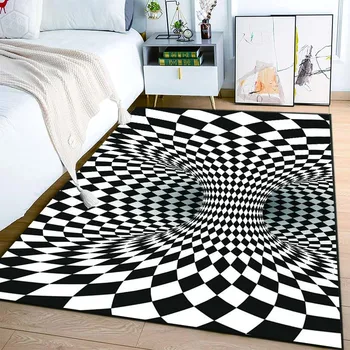 3D коврик для пола в спальне, Черно-белый ковер, Абстрактная геометрическая оптика, Вертикальный противоскользящий ковер для гостиной