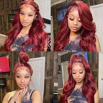 99J Объемные волнистые парики бесклеевого бордового цвета 13x4 HD Прозрачные кружевные фронтальные парики из человеческих волос для женщин, бразильские кружевные парики 30-32 дюйма