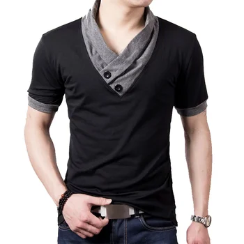 B9263 Тонкая хлопковая черная футболка в стиле пэчворк с коротким рукавом и V-образным вырезом, мужские топы и тройники на пуговицах