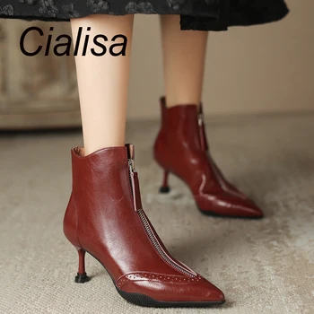 Cialisa / 2023 Осенне-зимние женские Полусапожки на модной молнии, Пикантная обувь из натуральной кожи с острым носком, Элегантные женские Ботильоны на высоком каблуке