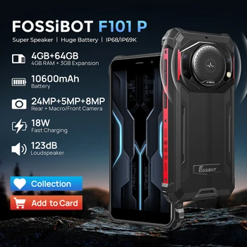 FOSSiBOT F101 P, Смартфон, Аккумулятор 10600 мАч, 4 ГБ + 64 ГБ, 24 Мп, Сотовый телефон, Большой динамик, IP68 / IP69, Водонепроницаемый Мобильный телефон
