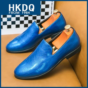 HKDQ/ Роскошные Модельные туфли с блестками, Мужские Модные Синие Глянцевые Мужские Туфли Без застежки Из лакированной Кожи, Модные Кожаные Лоферы Для мужчин