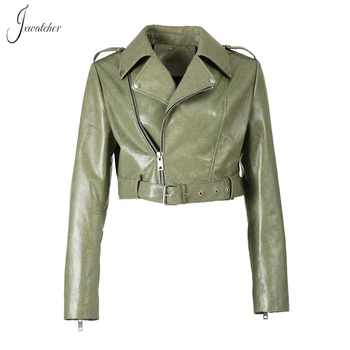 Jxwatcher Женская куртка из натуральной кожи Женское укороченное пальто из натуральной кожи с поясом Весенне Осенние модные куртки с длинными рукавами