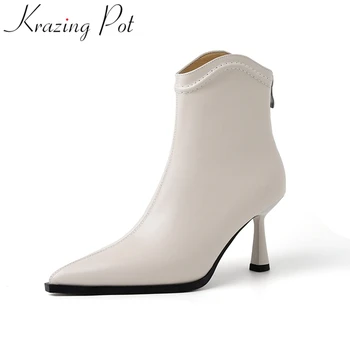 Krazing Pot/ Модные современные ботинки с острым носком на высоком каблуке и молнии, теплая офисная женская зимняя обувь размера 40, вечерние однотонные ботильоны для вечеринок