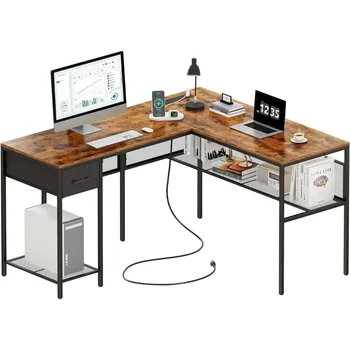 L-образный письменный стол SUPERJARE, Компьютерный стол с выдвижным ящиком, Реверсивный угловой письменный стол с сетчатой книжной полкой для хранения, Стол для домашнего офиса