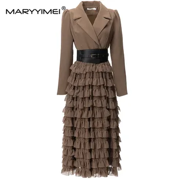 MARYYIMEI Модное осенне-зимнее женское платье, костюм с длинными рукавами и поясом, многоуровневые платья для торта в стиле пэчворк с оборками