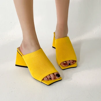 TAFN, Летняя эластичная ткань в японском стиле, треугольные тапочки на толстом каблуке, Сексуальные уличные женские туфли с квадратным носком, размер 33-43