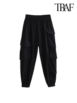 TRAF-Женские спортивные штаны с карманами, высокая эластичная талия, Женские брюки, Модные