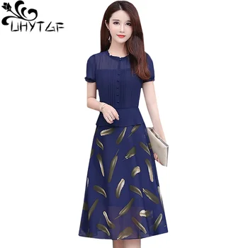 UHYTGF Платья женское модное однобортное шифоновое платье-пуловер с короткими рукавами, тонкое летнее платье в корейском стиле, платья Большого размера 937