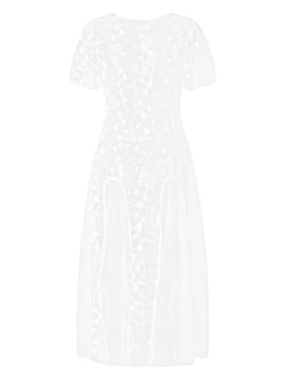 ZZLBUF Женское кружевное Прозрачное макси-платье Y2k с коротким рукавом, открытое кружевное длинное платье с цветочным рисунком, уличная одежда для вечеринок