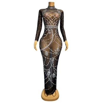 Блестящие серебряные стразы, прозрачное платье с длинными рукавами, Сексуальный костюм для празднования Дня рождения, Вечернее танцевальное шоу, платье gualian