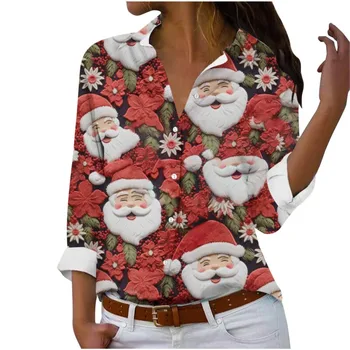 Винтажная женская рубашка Осень Весна Новый Рождественский принт Санта Клауса с длинным рукавом Женские блузки Топы Уличная женская одежда