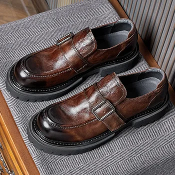 Винтажные мужские деловые лоферы из натуральной кожи Роскошного бренда ручной работы, качественная дизайнерская обувь на платформе с пряжкой, Мужская деловая обувь для общения
