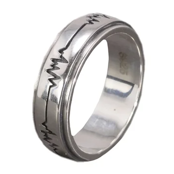 Вращающееся кольцо из натурального серебра 925 пробы, успокаивающее мужчин и женщин, снимающее стресс, с гравировкой ЭКГ