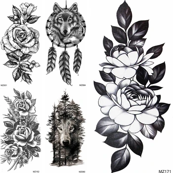 Временные татуировки в виде черного Цветка, поддельные татуировки в виде Волка, Ловца снов, Леса, для вечеринок, праздников, женщин, мужчин, боди-арт, Татуировка на груди, наклейка на руку
