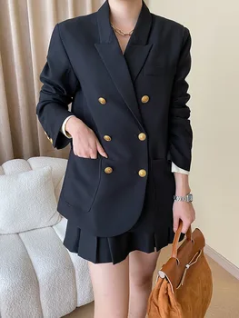 Высококачественный новый модный женский блейзер, куртка с длинным рукавом, двубортный костюм, пальто, осенне-зимние женские черные топы на металлических пуговицах