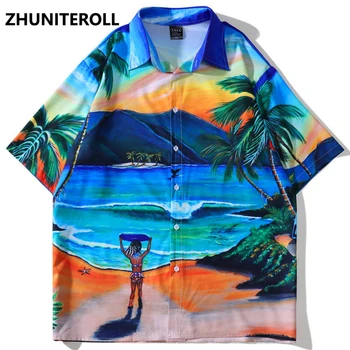 Гавайская рубашка 2023 года, Уличная одежда Y2K, Винтажная блузка в стиле Панк с принтом Twilight Beach, Летние Повседневные Пляжные рубашки на пуговицах с коротким рукавом, Топ