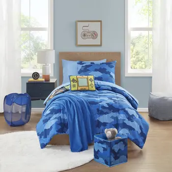 Двустороннее стеганое одеяло с геймерским принтом, 9 предметов, кровать в мешке, серый / синий, Twin / TXL