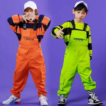 Детские флуоресцентные зеленые комбинезоны, детская одежда в стиле Kpop, одежда для джазовых танцев Для мальчиков, крутые танцевальные костюмы в стиле хип-хоп для девочек, наряд
