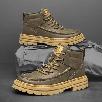 Дизайнерская брендовая мужская обувь на высоком каблуке Персонализированные ботинки из натуральной кожи Мужская уличная рабочая одежда Зимние ботинки с высоким берцем
