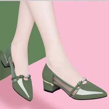 Женская обувь 2023 г., Женская Летняя обувь на блочном Каблуке, Прозрачная Повседневная Обувь из Натуральной кожи На Массивном Каблуке Зеленого Цвета С Острым Носком A