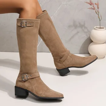 Женская обувь, Новинка 2023 года, Женские сапоги до колена с пряжкой, Классические Коричневые Замшевые сапоги С острым носком, Botas Largas De Mujer