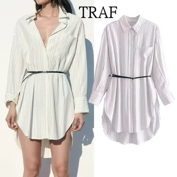 Женская рубашка в полоску от TRAF, мода 2023 года, Длинные блузки и рубашки с поясом, Винтажный топ, женские Свободные повседневные рубашки нерегулярной формы, шикарные
