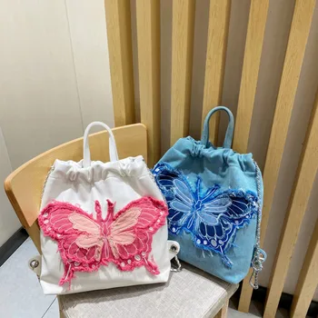 Женский рюкзак с нишевым дизайном, бабочка, цепочка с кисточками, 2023, Новая контрастная холщовая сумка с вышивкой, школьный рюкзак для взрослых девочек