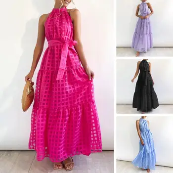 Женское длинное платье с сеткой, без рукавов, с поясом, элегантные женские платья, летние винтажные повседневные пляжные 2023