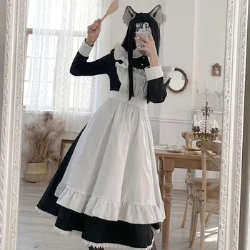 Женское классическое платье горничной в стиле Лолиты на Хэллоуин, женские наряды в винтажном стиле, косплей, аниме, черное платье с длинным рукавом для девочек, S-3XL