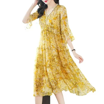 Женское летнее платье-двойка, одежда из 100% шелка, вязка для тяжелой работы, Желтый цветочный дизайн, расшитый бисером 78009