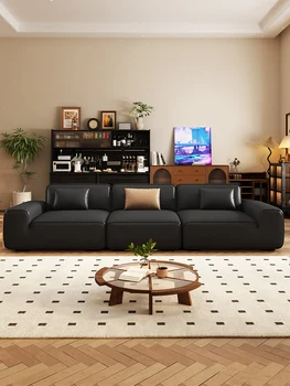 Кожа дивана Tofu block из воловьей кожи с черной головкой, чрезвычайно простая современная вертикальная комбинация кожи для гостиной