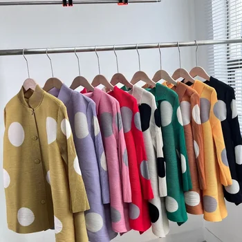 Комплект женской одежды Miyake Foldes 2023, темперамент, одноцветное изделие, в горошек, Свободный повседневный модный кардиган с длинными рукавами, топ большого размера