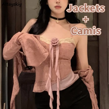 Комплекты из 2 предметов, женская одежда, Розовые Эстетичные куртки с аппликацией, Сексуальные майки, Винтажная Летняя женская уличная одежда, Ulzzang Casual Feminino