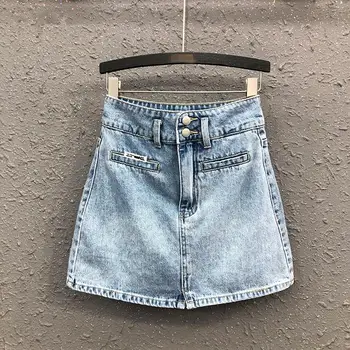 Корейская модная свободная женская джинсовая мини-юбка, Летние Синие Женские джинсы трапециевидной формы, винтажные повседневные хлопковые юбки оверсайз Faldas Q377