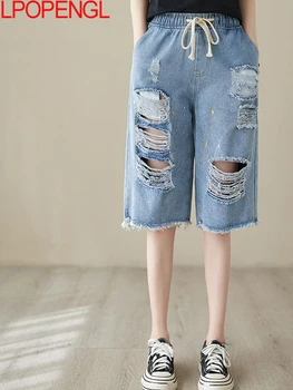 Летние джинсовые шорты тонкого рваного кроя для женщин 2023, Новые Свободные повседневные женские капри, Короткие брюки, джинсовые шорты с эластичной резинкой на талии
