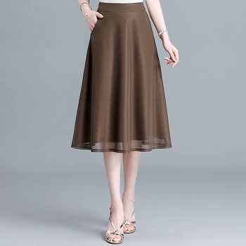 Летняя новая эластичная длинная юбка трапециевидной формы с высокой талией, женская модная плиссированная юбка в Корейском стиле с волнистой сеткой в горошек