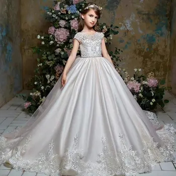 Милые платья с цветочным узором для девочек на свадьбу, бальное платье, рукава-чепчики, аппликации, Длинные платья для Первого причастия для маленьких девочек