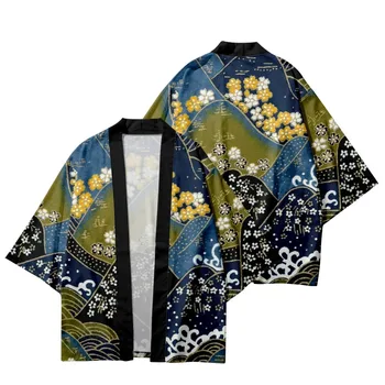 Модное повседневное Японское традиционное кимоно с цветочным принтом Для мужчин и женщин, Пляжный кардиган Юката, одежда самураев Хаори для косплея