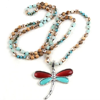 Модные богемные ювелирные изделия из 6 мм смешанного камня, Многоцветное ожерелье с подвеской в виде Стрекозы для женщин, подарок на Фестиваль