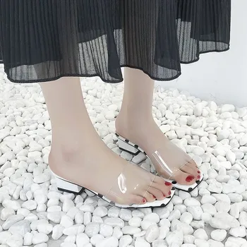 Модные женские тапочки с квадратным носком, украшенные кристаллами, на толстом высоком каблуке, Пикантные женские летние туфли-лодочки из лакированной микрофибры, тапочки-шлепанцы