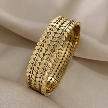 Модный широкий браслет из нержавеющей стали в греческом стиле, браслет для женщин, винтажный многослойный золотой лист, полый пшеничный браслет-манжета, ювелирные изделия