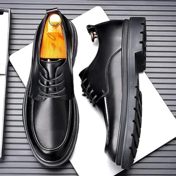 Мужская кожаная обувь на высоком каблуке; Новинка 2023 года; Осенние официальные Деловые мужские повседневные черные ботинки Martin в британском стиле; Мужская обувь; W