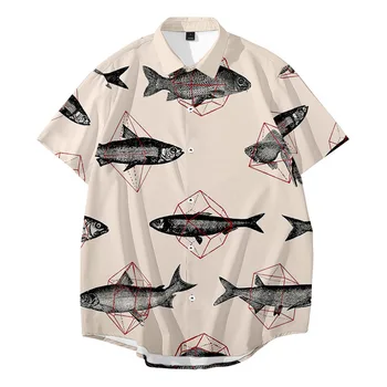 Мужские гавайские рубашки с рыбьим принтом, Мужская уличная одежда в стиле хип-хоп Harajuku, Повседневная пляжная рубашка с коротким рукавом, Летние Модные топы