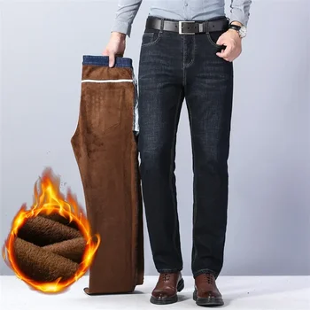 Мужские термальные джинсы Зимние снежные теплые плюшевые джинсы-стрейч, утепленные флисовые джинсовые длинные брюки, повседневные деловые брюки