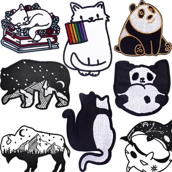 Нашивка с вышивкой животных в виде панды/кошки, Черная аппликация крупного рогатого скота, Гладильная одежда, принадлежности для шитья, Декоративные значки, нашивки