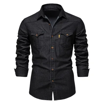 Новая мужская повседневная джинсовая рубашка 5XL Мужская верхняя рубашка 2023 Брендовые Военные Эластичные хлопчатобумажные ковбойские рубашки с карманами Мужская дизайнерская одежда