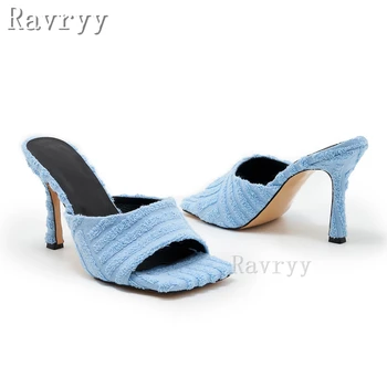 Новые модные вязаные тапочки на шпильке, женские летние туфли с квадратным открытым носком на тонком высоком каблуке, уличные модельные босоножки большего размера