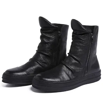 Новый стиль, Черные мужские ботинки с высоким берцем, зимние Классические Рабочие ботинки ручной работы из натуральной кожи с острым носком до середины икры